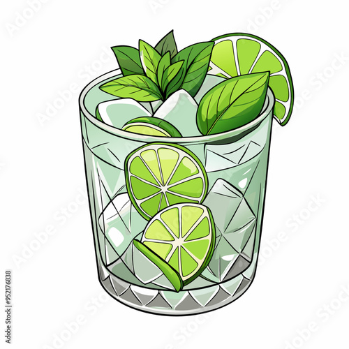 Hand drawn Mojito cocktail with ice mint and lime on a isolated white background (23)