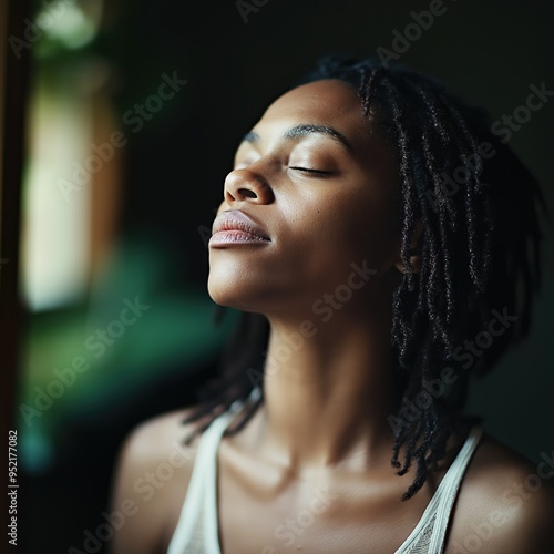 A Black woman enjoys a quiet moment of calm and reflection in a cozy setting