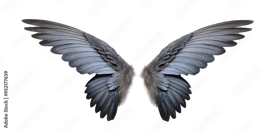 Fototapeta premium Elegant pair of realistic angel wings, gray feathers with subtle highlights. Isolated on white background, perfect for fantasy design.