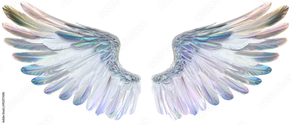 Elegant pair of light, iridescent angel wings with delicate feathers, symbolizing purity, hope, and divinity, perfect for fantasy themes. Elegant pair of light, iridescent angel wings with delicate feathers, symbolizing purity, hope, and divinity, perfect for fantasy themes.