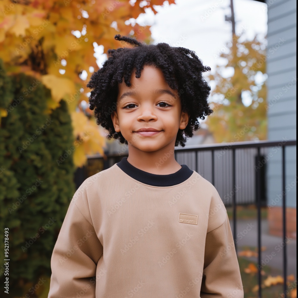 A cheerful Black child stands outdoors, smiling amidst vibrant autumn foliage and a clear sky A cheerful Black child stands outdoors, smiling amidst vibrant autumn foliage and a clear sky