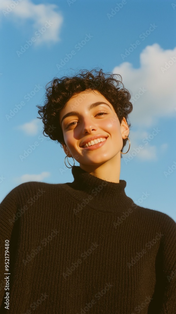 The woman radiates joy while embracing the warmth of a sunny autumn day outdoors The woman radiates joy while embracing the warmth of a sunny autumn day outdoors