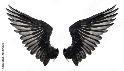 High-resolution image of elegant black angel wings with detailed feathers, isolated on a white background.