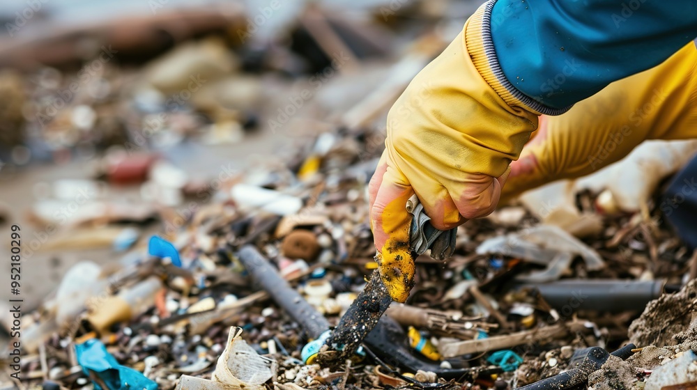 Obraz premium Close-up view of gloved hands meticulously sorting waste for recycling.sustainability, green, eco-friendly, protect, save, International Cleanup Day