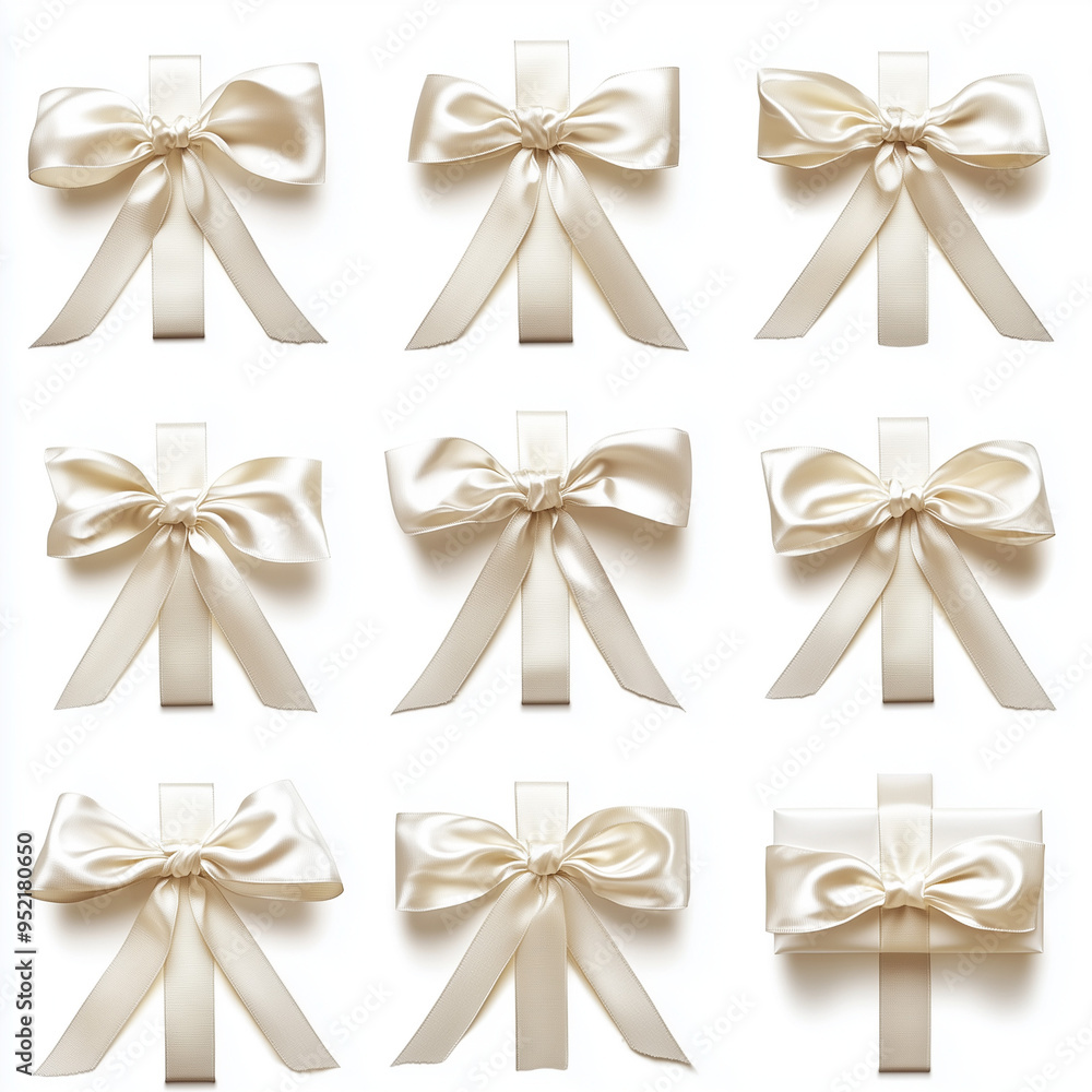 The picture shows a bow made from light cream satin. These bows are tied in many different styles and sizes, showing the variety of ways to tie a bow. The picture shows a bow made from light cream satin. These bows are tied in many different styles and sizes, showing the variety of ways to tie a bow.