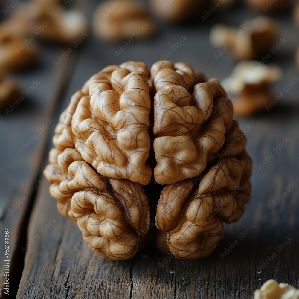 Fototapeta premium This image is a picture of a walnut, arranged to show the external structure similar to the human brain, which is a very creative and interesting image.