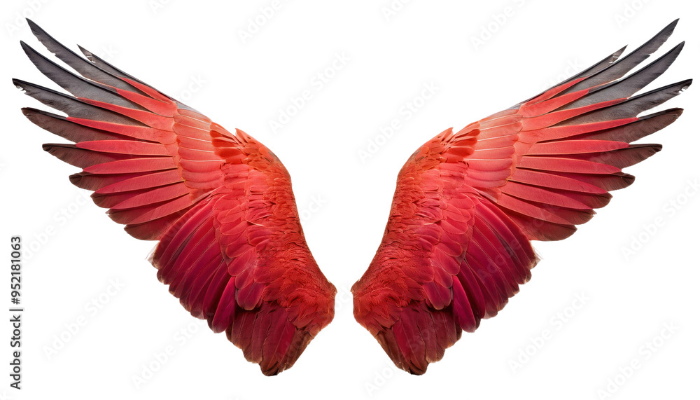 Obraz premium Vibrant red bird wings isolated on white background. Perfect for fantasy, nature, and design projects. High-quality stock photo.