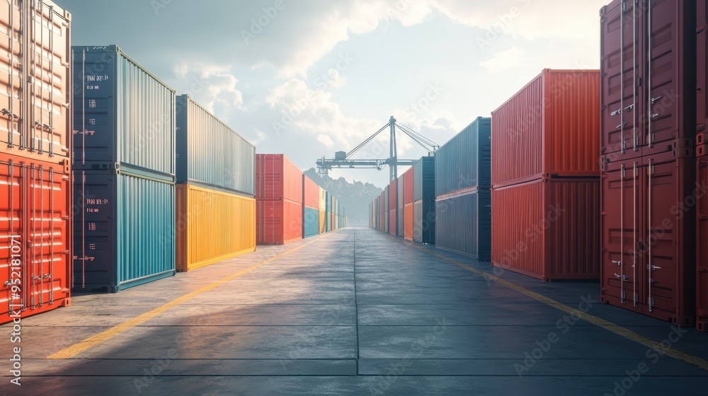 Fototapeta premium Industrial Port Scene with Freight Containers and Cargo Ship in Harbor Perspective View