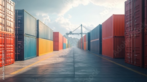 Wallpaper Mural Industrial Port Scene with Freight Containers and Cargo Ship in Harbor Perspective View Torontodigital.ca