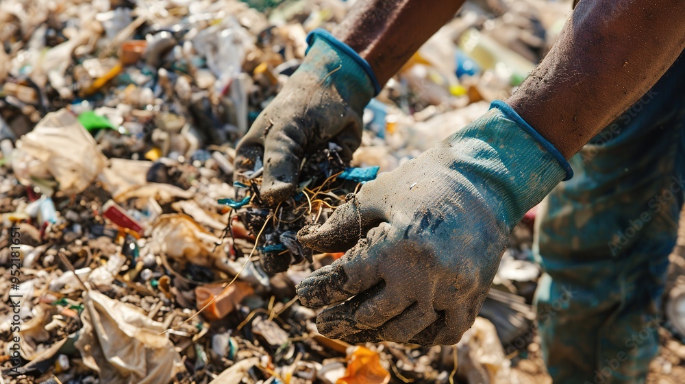 Obraz premium Close-up view of gloved hands meticulously sorting waste for recycling.sustainability, green, eco-friendly, protect, save, International Cleanup Day