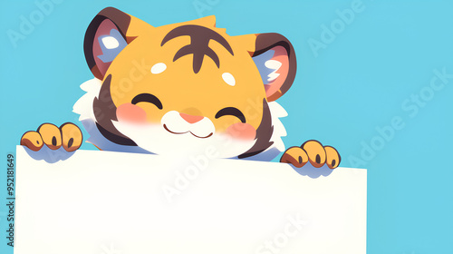 cute tiger holding up a blank sign, colorful cartoon character, empty banner,, anime style, cute kawaii, simple, smiling happy. isolated background © Robin