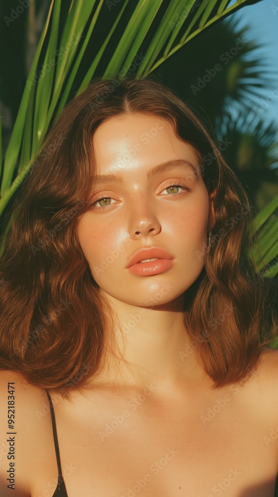 A young woman gazes softly at the camera, enjoying the warmth of the sun in a garden A young woman gazes softly at the camera, enjoying the warmth of the sun in a garden