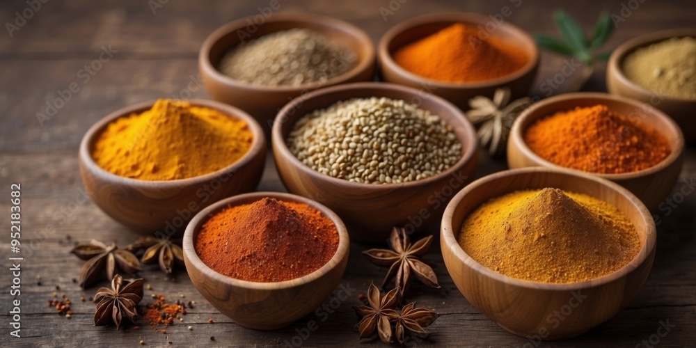 Close-up of assorted spices in wooden bowls on a rustic table. Close-up of assorted spices in wooden bowls on a rustic table.