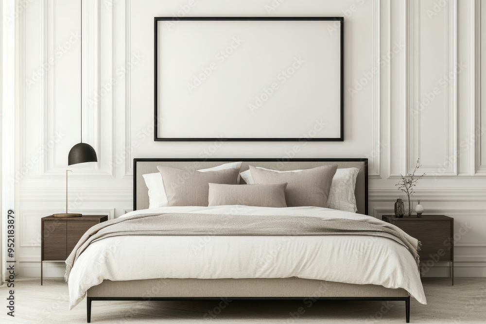 A minimalist bedroom featuring a bed, nightstands, and a large empty frame on the wall. A minimalist bedroom featuring a bed, nightstands, and a large empty frame on the wall.