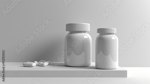 Two white pill bottles and some loose pills on a shelf against a white background. photo