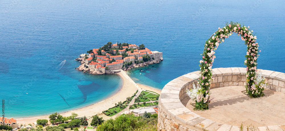 Montenegro's Sveti Stefan island as a picturesque wedding destination, combining historic architecture with breathtaking coastal views.
