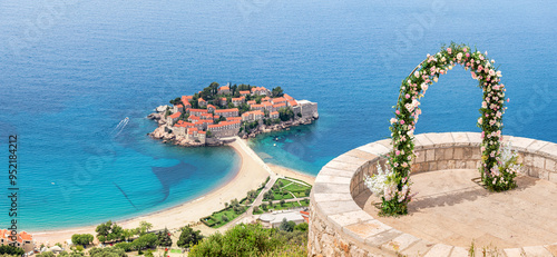 Obraz na płótnie Montenegro's Sveti Stefan island as a picturesque wedding destination, combining historic architecture with breathtaking coastal views. w salonie