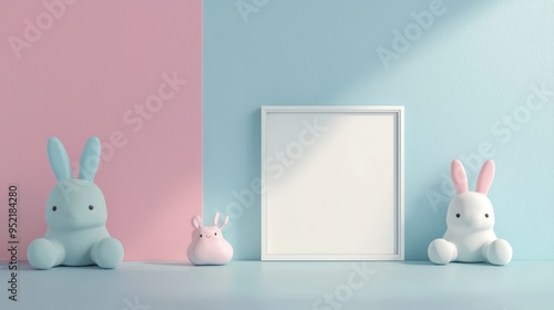 Blank Frame with Cute Bunnies on Pink and Blue Background.