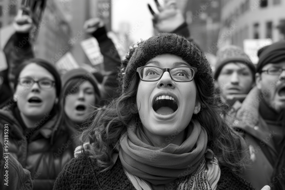 Fototapeta premium Energetic Campaign Rally with Supporters Cheering for Candidate in Urban Setting