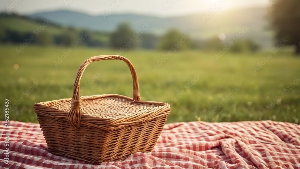 picnic basket with tablecloth on grass meadow landscape background picnic basket with tablecloth on grass meadow landscape background