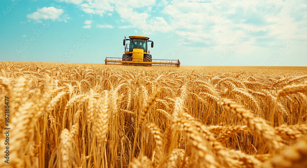 Obraz premium harvest wheat. combine harvester working on ripe wheat field, moisson, Ripe ears of gold field on the sunset, Agriculture, wheat crop 