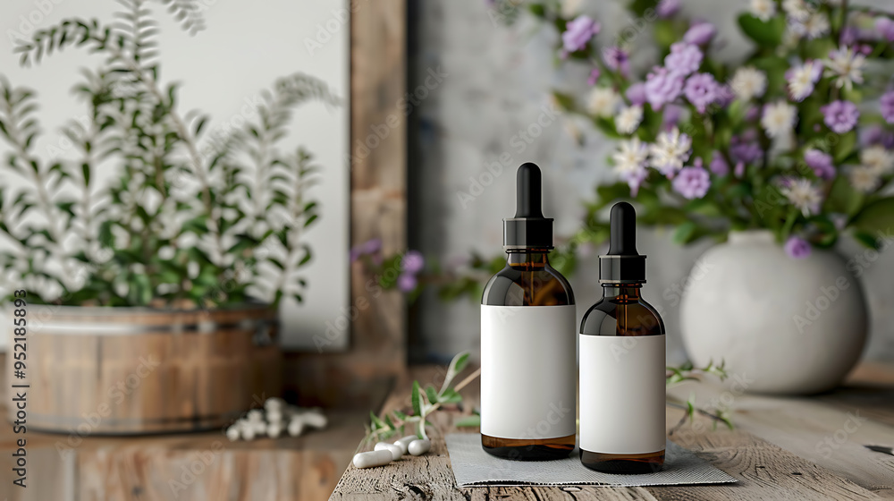 Two amber glass bottles with dropper tops and blank white labels sit on a wooden table surrounded by plants. Two amber glass bottles with dropper tops and blank white labels sit on a wooden table surrounded by plants.