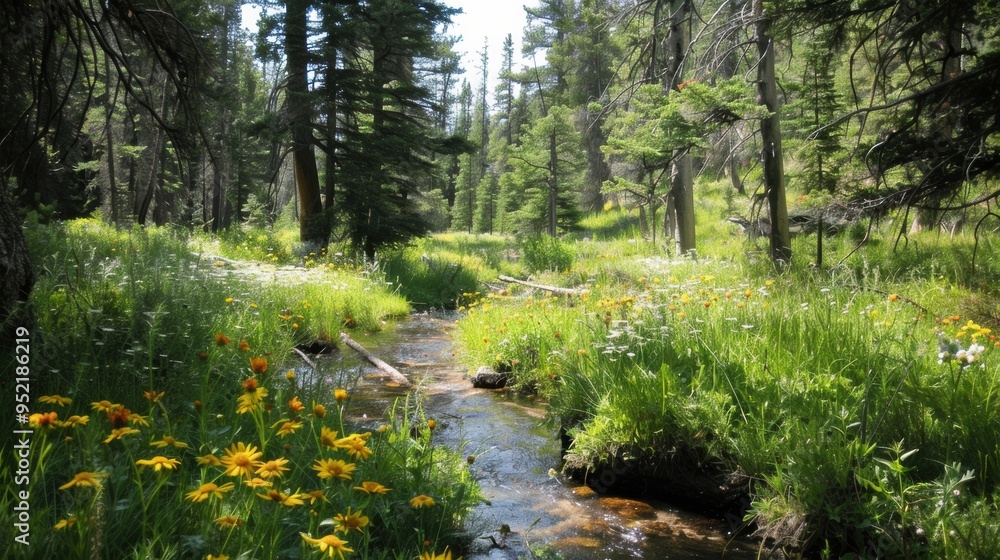 Fototapeta premium Green meadows and wild flowers on the river.