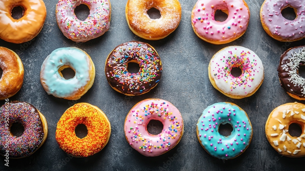 Overhead shot of a variety of donuts with colorful glazes and sprinkles. Copy space. Overhead shot of a variety of donuts with colorful glazes and sprinkles. Copy space.