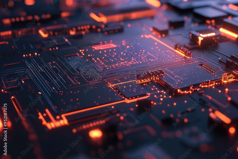 Close-up of a futuristic circuit board with glowing elements, showcasing intricate electronic patterns and modern technology. Close-up of a futuristic circuit board with glowing elements, showcasing intricate electronic patterns and modern technology.