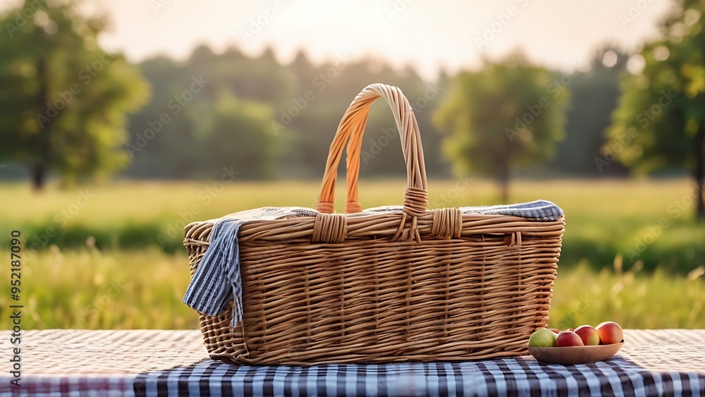 picnic basket with tablecloth on grass meadow landscape background picnic basket with tablecloth on grass meadow landscape background
