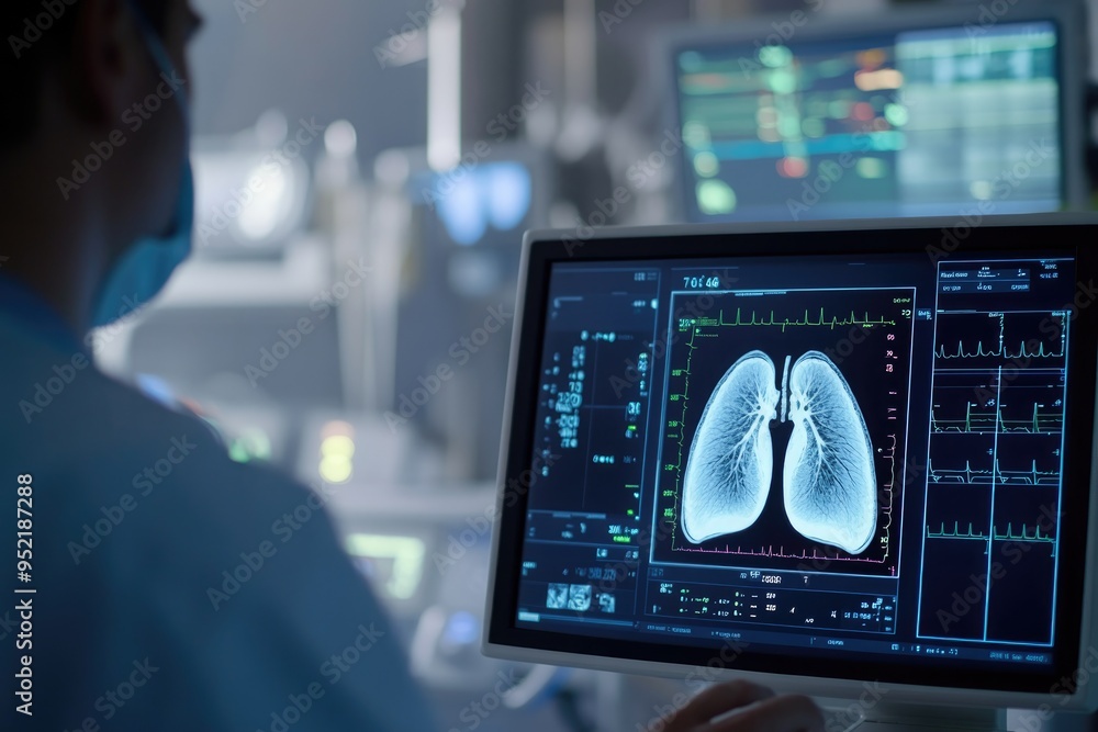 a doctor using a sonar X-ray to monitor lungs health on screen a doctor using a sonar X-ray to monitor lungs health on screen