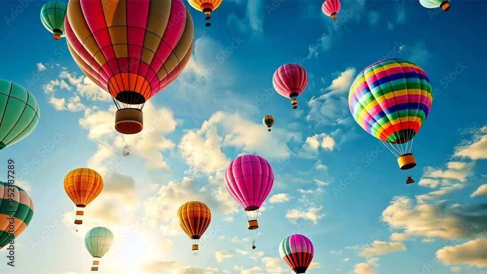 A colorful hot air balloon filled with people is flying in the sky. The balloons are of different colors and sizes, creating a vibrant and lively scene. Concept of joy and excitement A colorful hot air balloon filled with people is flying in the sky. The balloons are of different colors and sizes, creating a vibrant and lively scene. Concept of joy and excitement