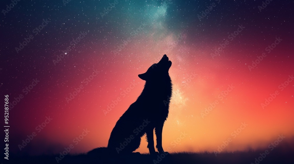 A majestic wolf silhouette howls under a vibrant starry sky filled with colorful hues, capturing the beauty of nature at night. A majestic wolf silhouette howls under a vibrant starry sky filled with colorful hues, capturing the beauty of nature at night.