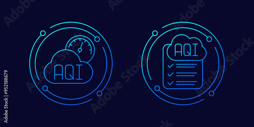 Air quality index, AQI icons with checklist, linear design