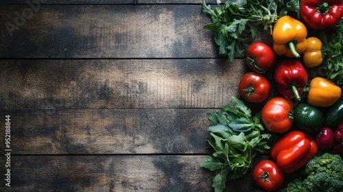 Flat lay of fresh vegetables like tomatoes, peppers, and greens on a rustic wooden surface. Copy space.