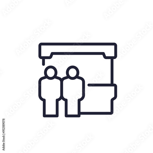booth icon, exhibition stand line pictogram on white