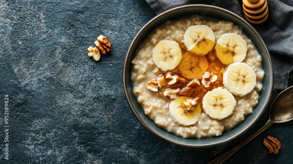 Overhead shot of a bowl of oatmeal with sliced bananas, nuts, and honey. Copy space. Overhead shot of a bowl of oatmeal with sliced bananas, nuts, and honey. Copy space.
