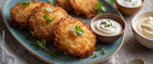 A platter of golden potato latkes served with sour cream and applesauce. photo