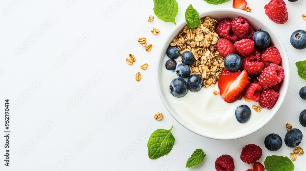 Overhead view of a breakfast bowl with yogurt, fruits, and granola. Copy space on a white background. Overhead view of a breakfast bowl with yogurt, fruits, and granola. Copy space on a white background.
