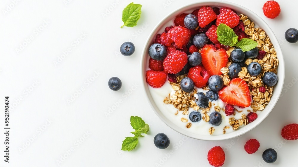 Overhead view of a breakfast bowl with yogurt, fruits, and granola. Copy space on a white background. Overhead view of a breakfast bowl with yogurt, fruits, and granola. Copy space on a white background.