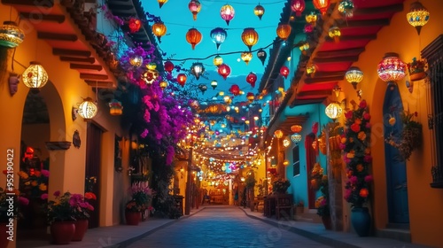 A vibrant street adorned with colorful lanterns and flowers, creating an enchanting atmosphere for a New Year celebration in a charming Mexican town. The festive decorations capture the lively spirit 