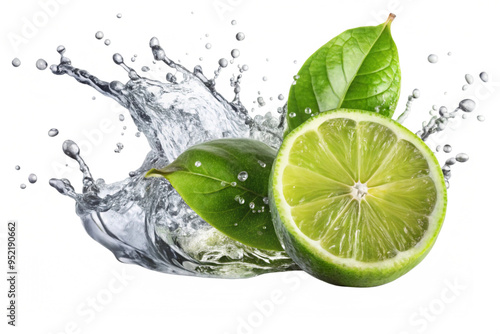 Fresh falling lime splashing with leaves, isolated on a white background 