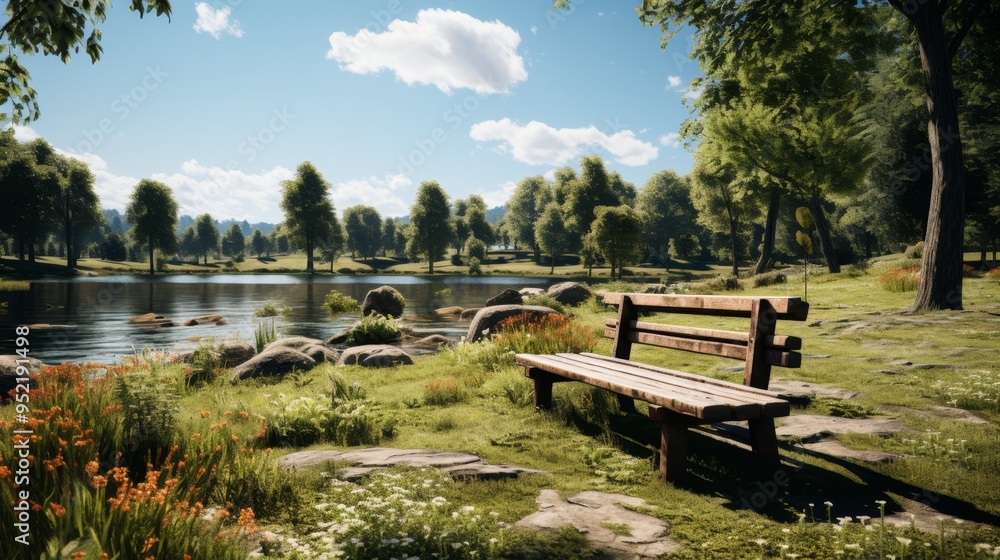 Beautiful green park near the lake with a bench Beautiful green park near the lake with a bench