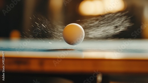 Table tennis ball spinning on the edge of the paddle in an intense match. 