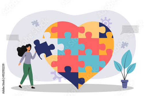 A woman completing a colorful heart-shaped puzzle in a cozy indoor setting