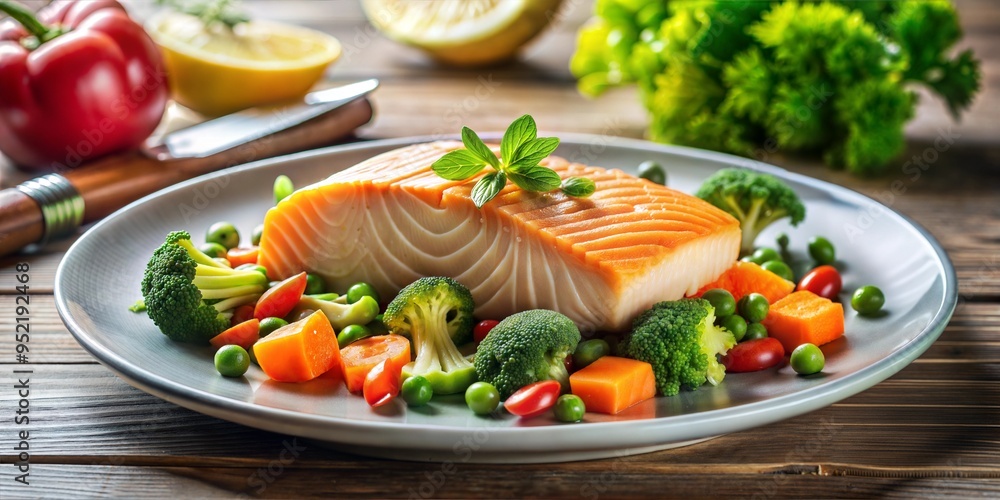 Salmon fillet with steamed vegetables on a plate, rich in omega-3 fatty acids, brain-boosting dinner. Salmon fillet with steamed vegetables on a plate, rich in omega-3 fatty acids, brain-boosting dinner.