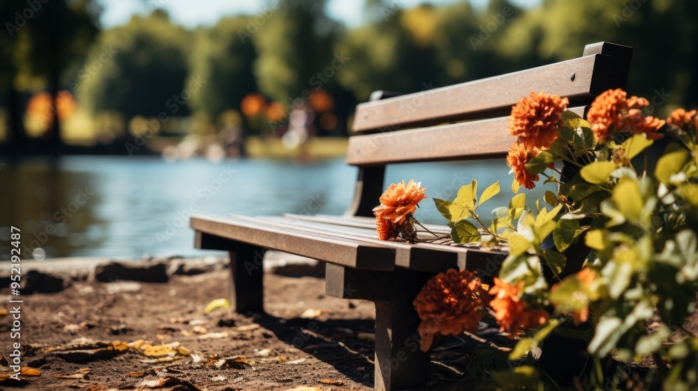Beautiful green park near the lake with a bench Beautiful green park near the lake with a bench