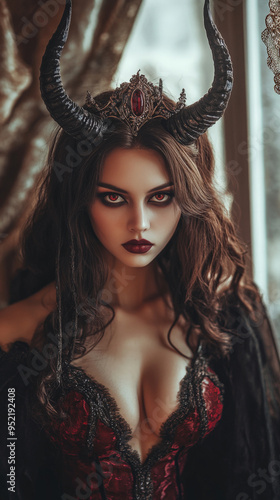 Woman in Devil Horns, Dark and Seductive Halloween Costume 