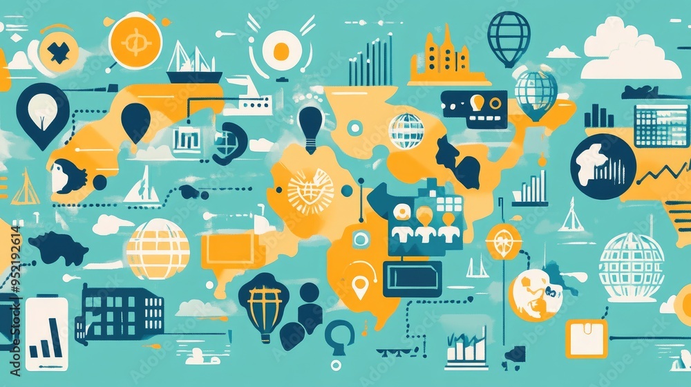 Abstract blue and yellow illustration with various shapes and icons like buildings, globes, and charts.