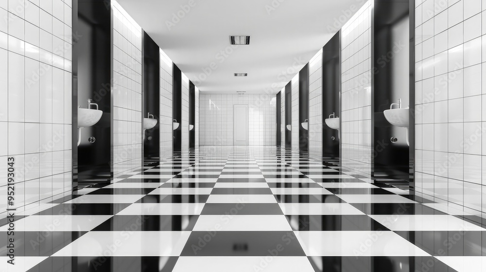 Fototapeta premium Black and white tiled flooring in a clean, sleek restroom, with transparency adding depth
